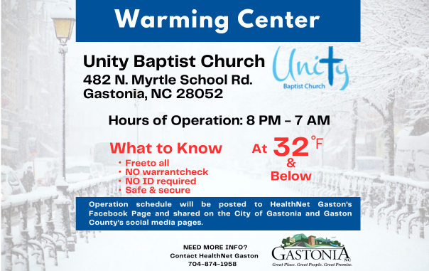 City, County Partner with HealthNet Gaston & Unity Baptist Church to Open Warming Center for Upcoming Winter Season